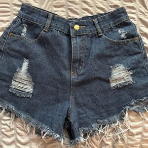 Frayed Hem Blue Denim Shorts Hand Embroidered